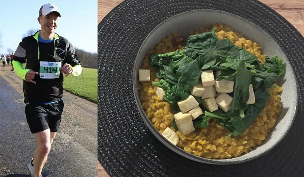 Chris running on the left, lentil dahl with wilted spinach and tofu to the right.